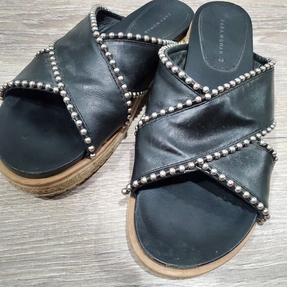 Zara Black Silver Studded Cross Strap Slides Womens 9 Open Toe Slip On Sandals - Picture 15 of 15